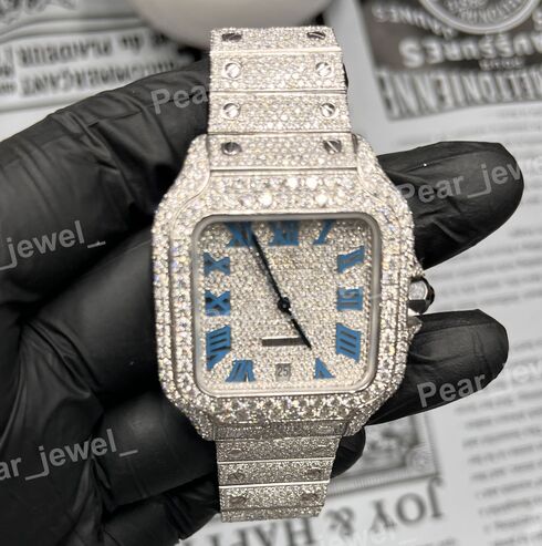 Stainless Steel Iced Out Roman Dial VVS Moissanite Diamond Wrist Watch