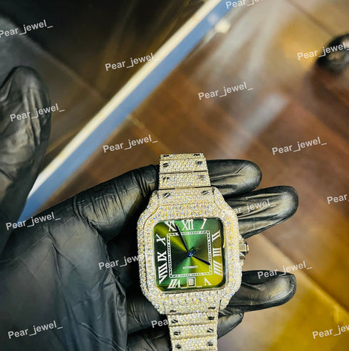 Iced Out Moissanite DIamond Stainless Steel Roman Dial Watch