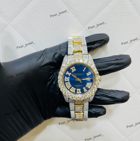 Iced Out Luxury Moissanite Diamond Blue Dial Wrist Watch For Man