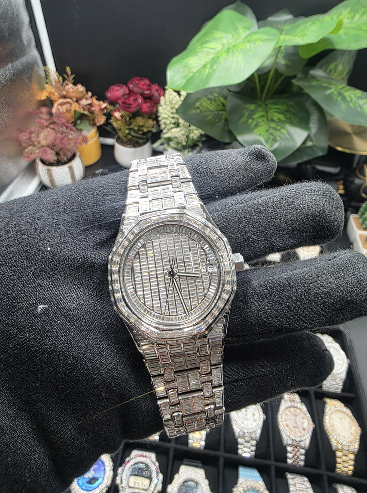Iced Out VVS Fully Baguette Moissanite Stainless Steel Wrist Watch