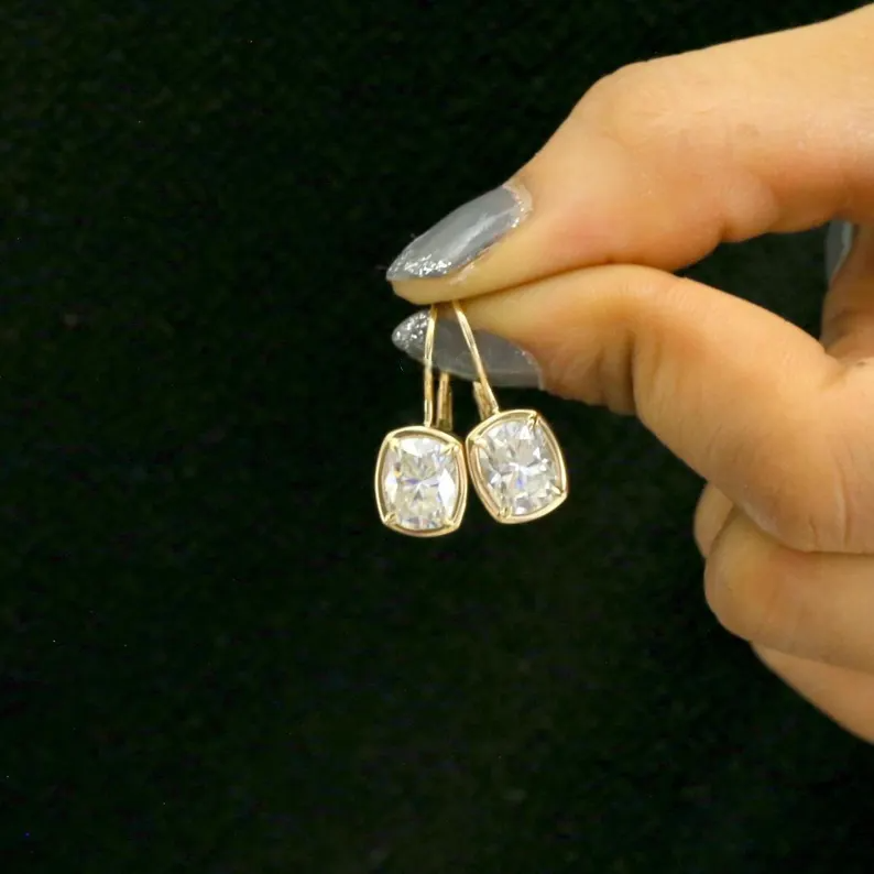 Elongated Cushion Moissanite Earrings with Lever Back Design