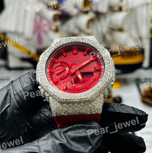 Iced Out Moissanite Diamond Red Round Case Dial Wrist Watch for Unisex Wear