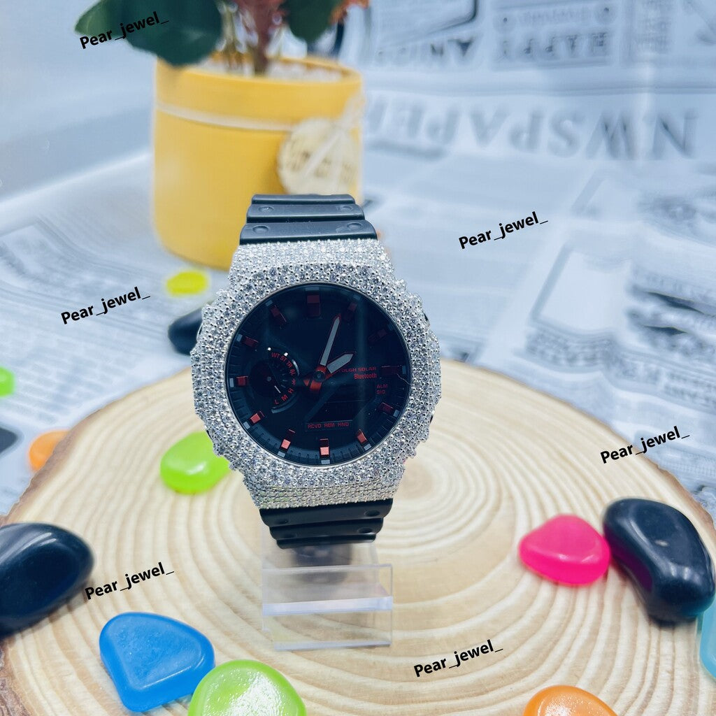 Iced Out Black Analog Watch Moissanite Diamond Look Bezel Luxury Street style