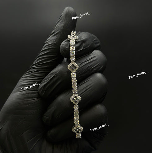 Black Accent Iced Out Tennis Clover Bracelet VVS Moissanite Dimaond Look Silver Shine