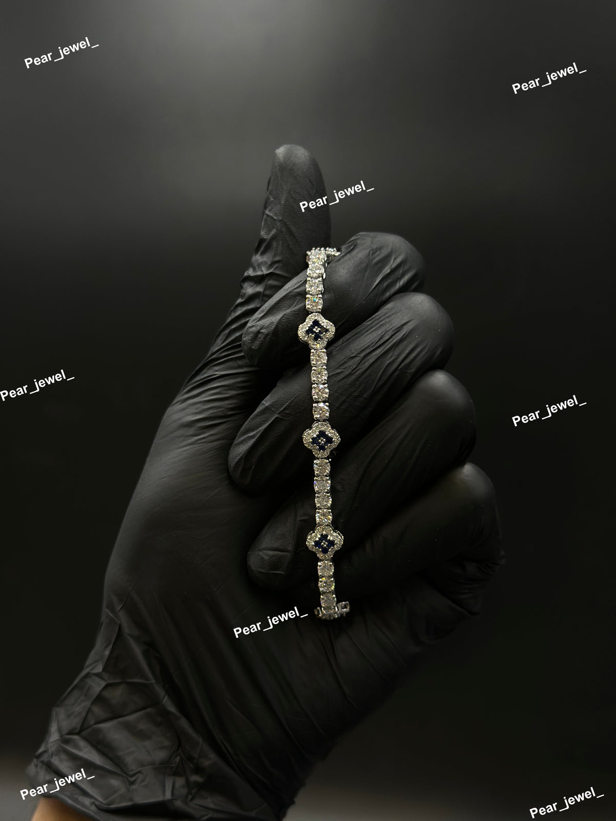 Black Accent Iced Out Tennis Clover Bracelet VVS Moissanite Dimaond Look Silver Shine