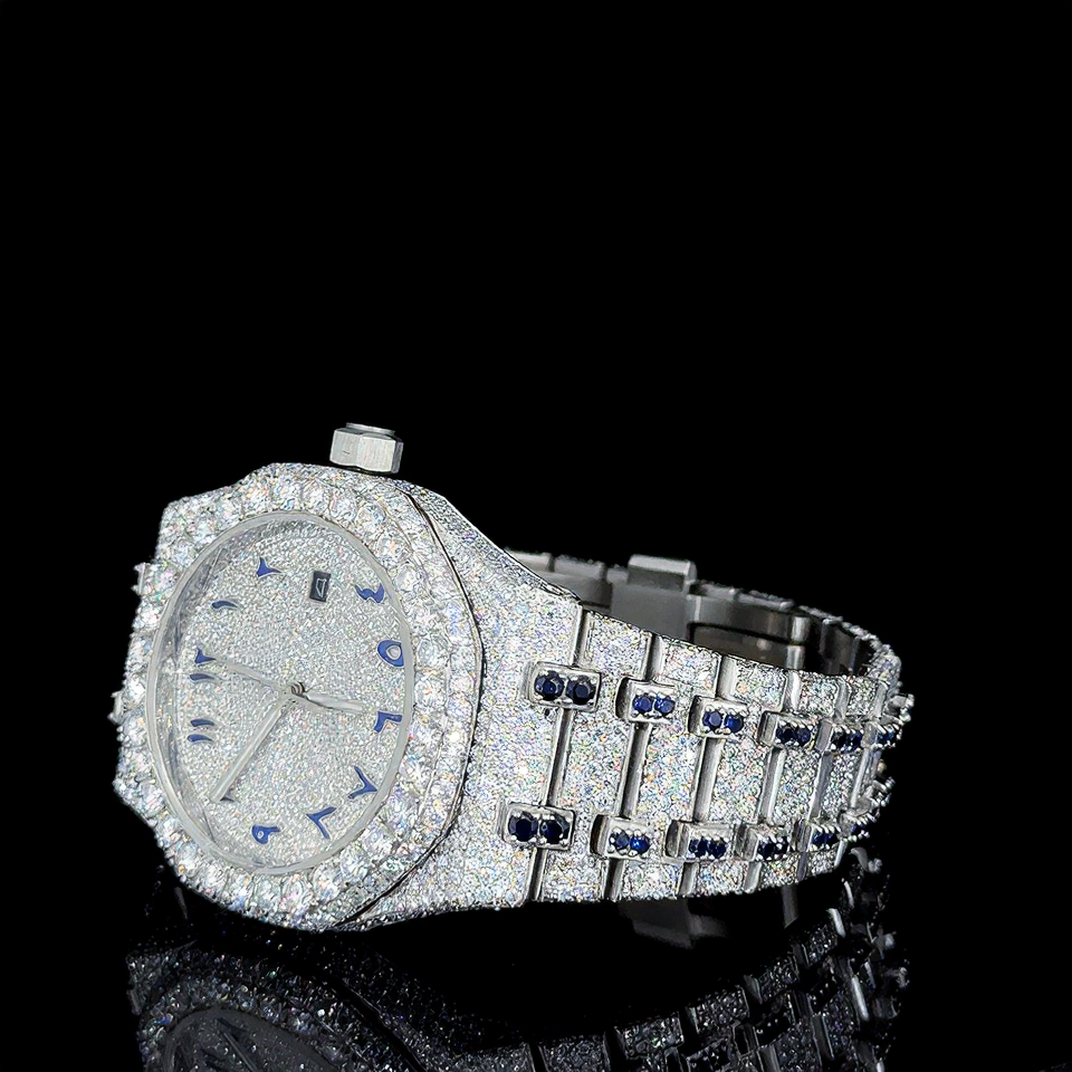 Stainless Steel Iced Out Blue Arabic Dial Moissanite Watch