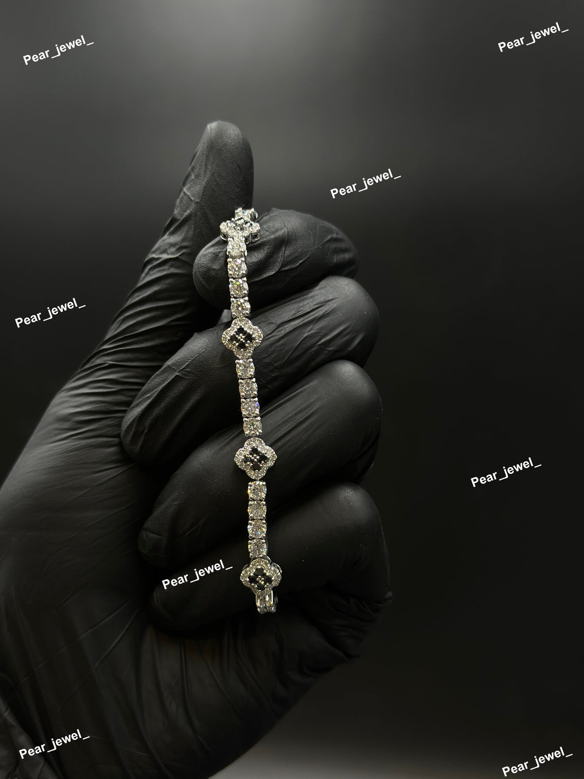 Black Accent Iced Out Tennis Clover Bracelet VVS Moissanite Dimaond Look Silver Shine