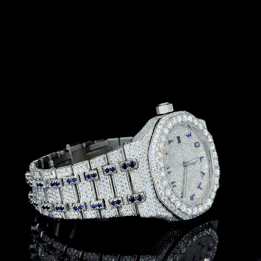 Stainless Steel Iced Out Blue Arabic Dial Moissanite Watch