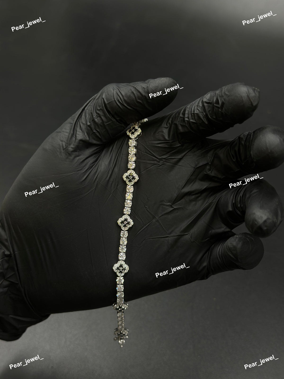 Black Accent Iced Out Tennis Clover Bracelet VVS Moissanite Dimaond Look Silver Shine