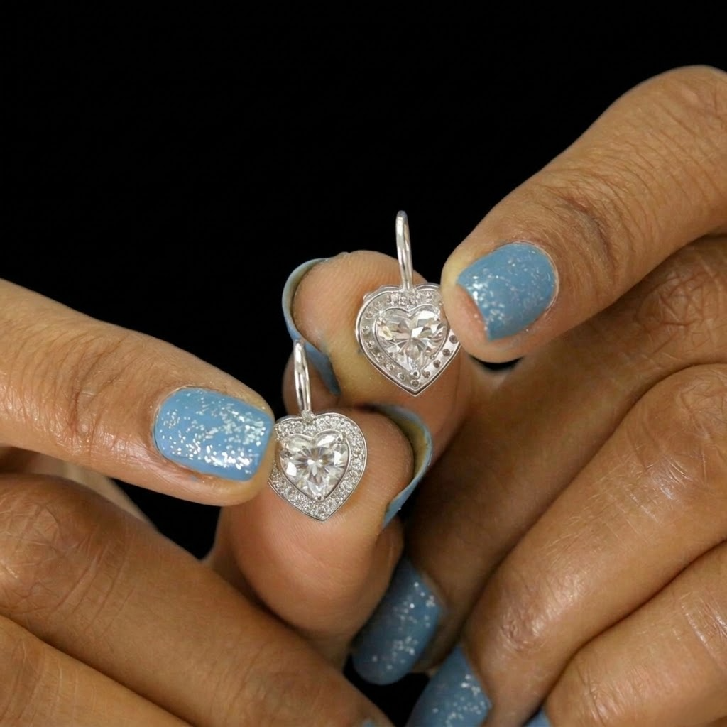 925 Sterling Silver VVS Moissanite Diamond Heart Cut Earring