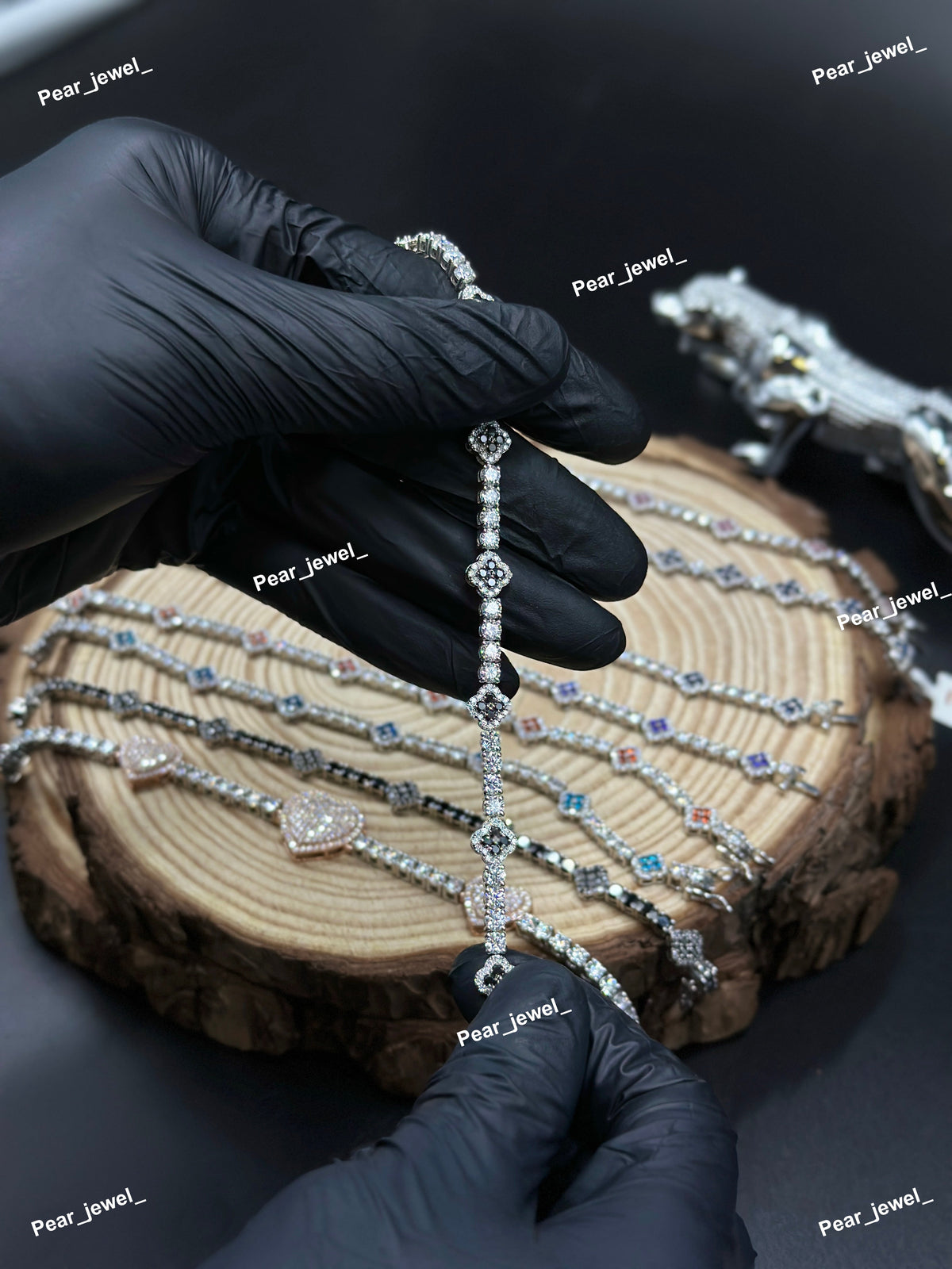 Black Accent Iced Out Tennis Clover Bracelet VVS Moissanite Dimaond Look Silver Shine