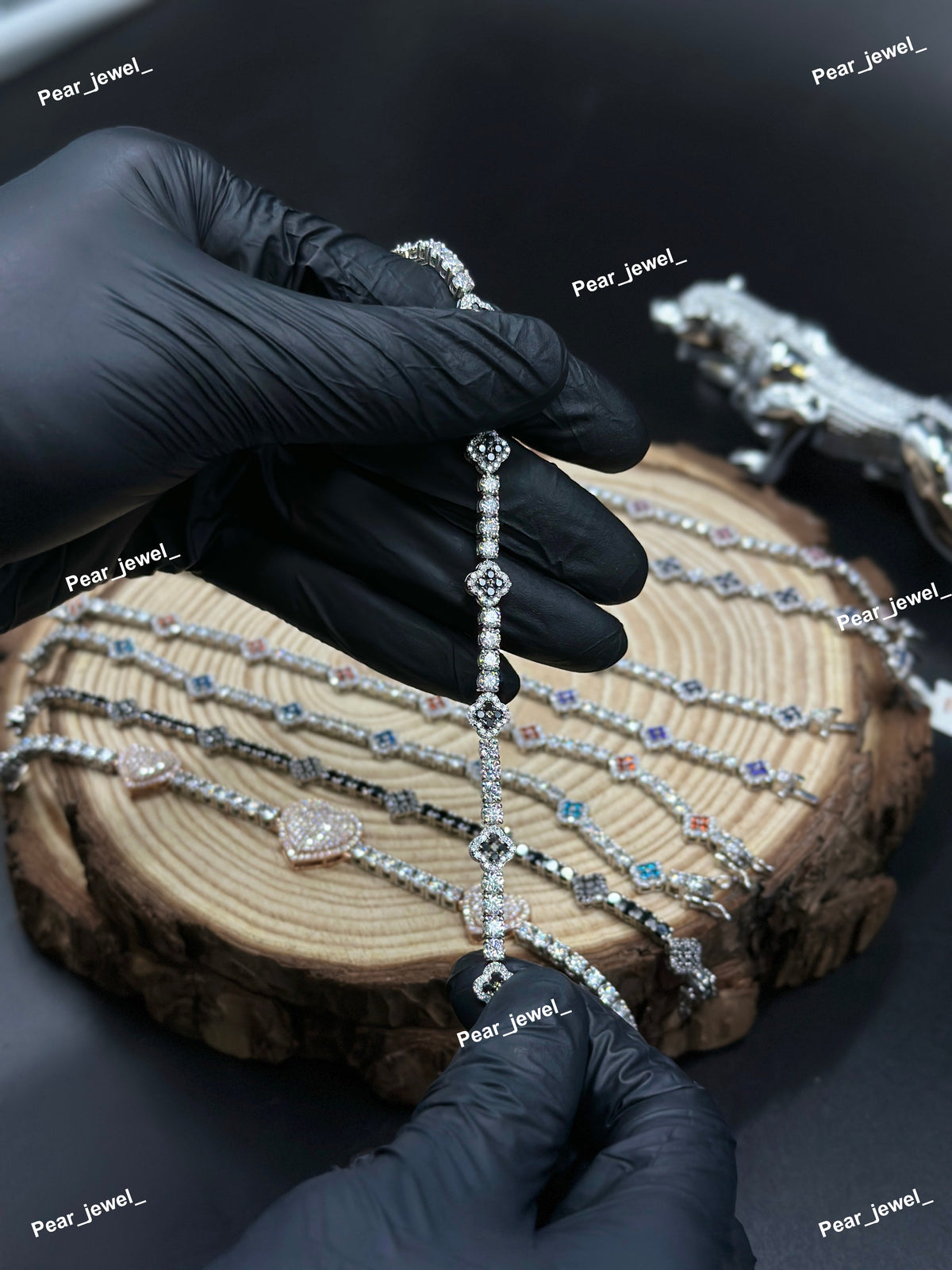 Black Accent Iced Out Tennis Clover Bracelet VVS Moissanite Dimaond Look Silver Shine