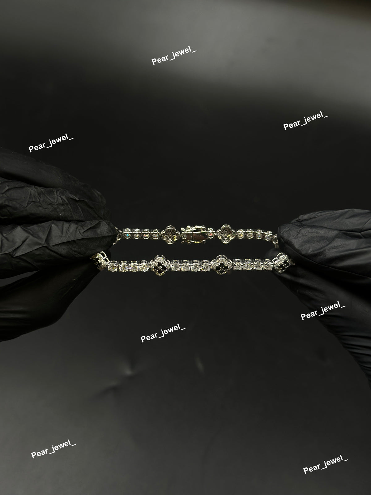 Black Accent Iced Out Tennis Clover Bracelet VVS Moissanite Dimaond Look Silver Shine