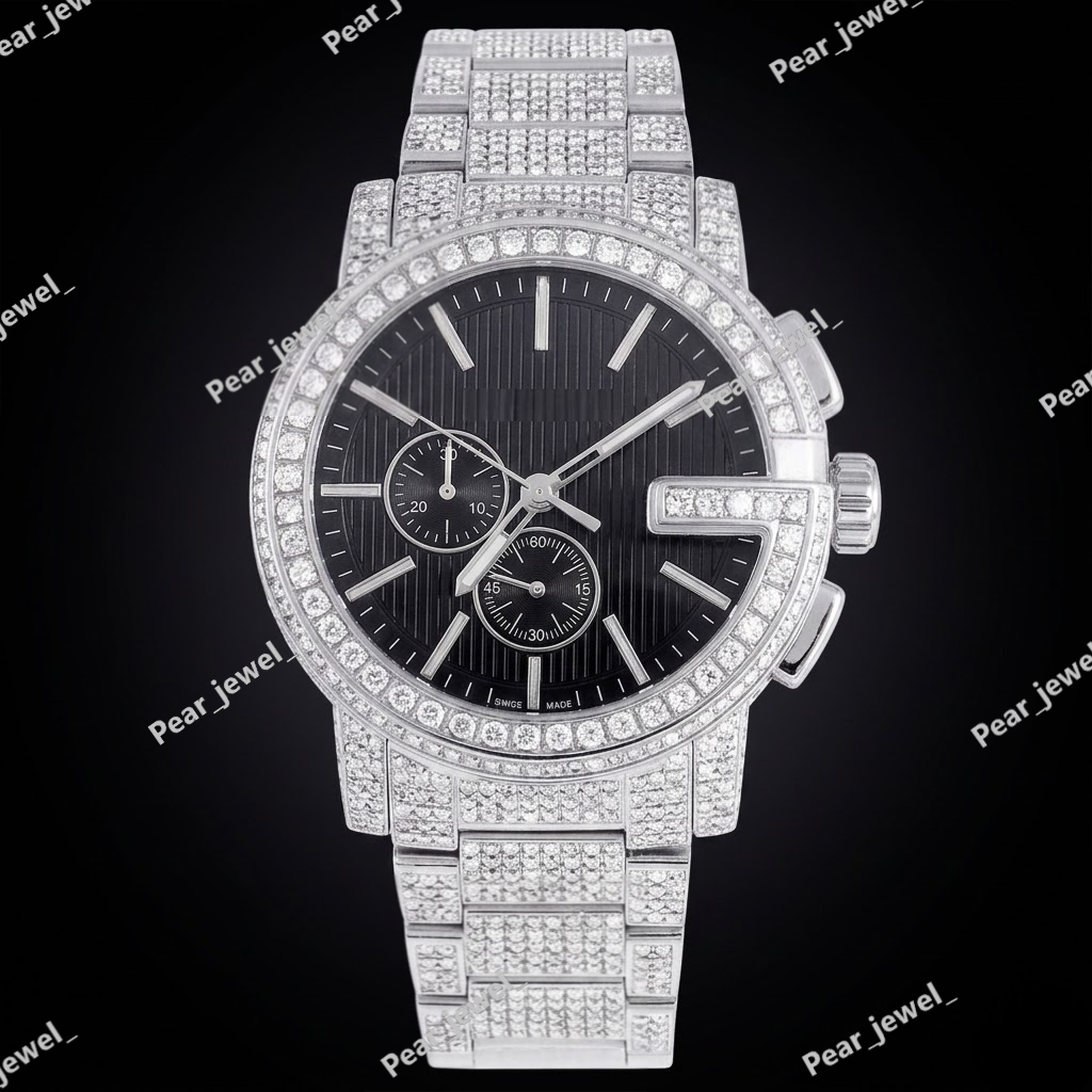 Stainless Steel Iced Out VVS Moissanite Diamond Black Dial Wrist Watch