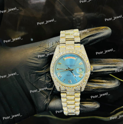 Iced Out Stainless Steel Day Date Roman Sky Blue Dial Watch