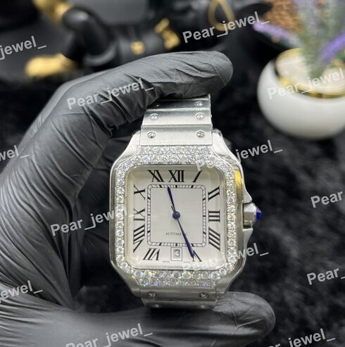 Iced Out Stainless Steel VVS Moissanite Diamond Watch White Roman Dial Watch