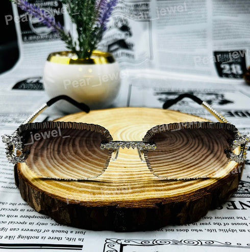 Iced Out Silver Rimless Moissanite Diamond Hip Hop Bling Sunglasses