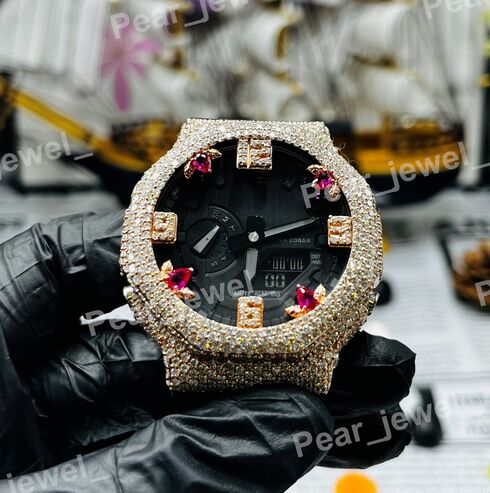 Iced Out Moissanite Diamond Black Case Dial Wrist Watch For Men Women Wear