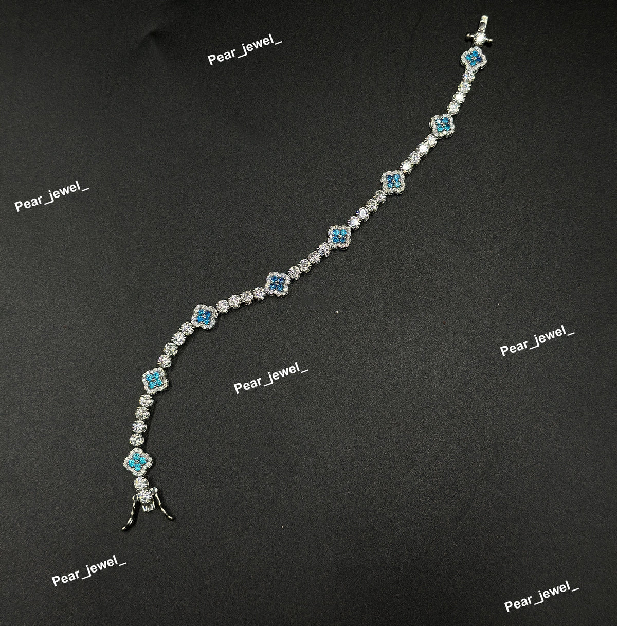 Blue Accent Iced Out Clover Tennis Bracelet VVS Moissanite Diamond Look Silver Shine