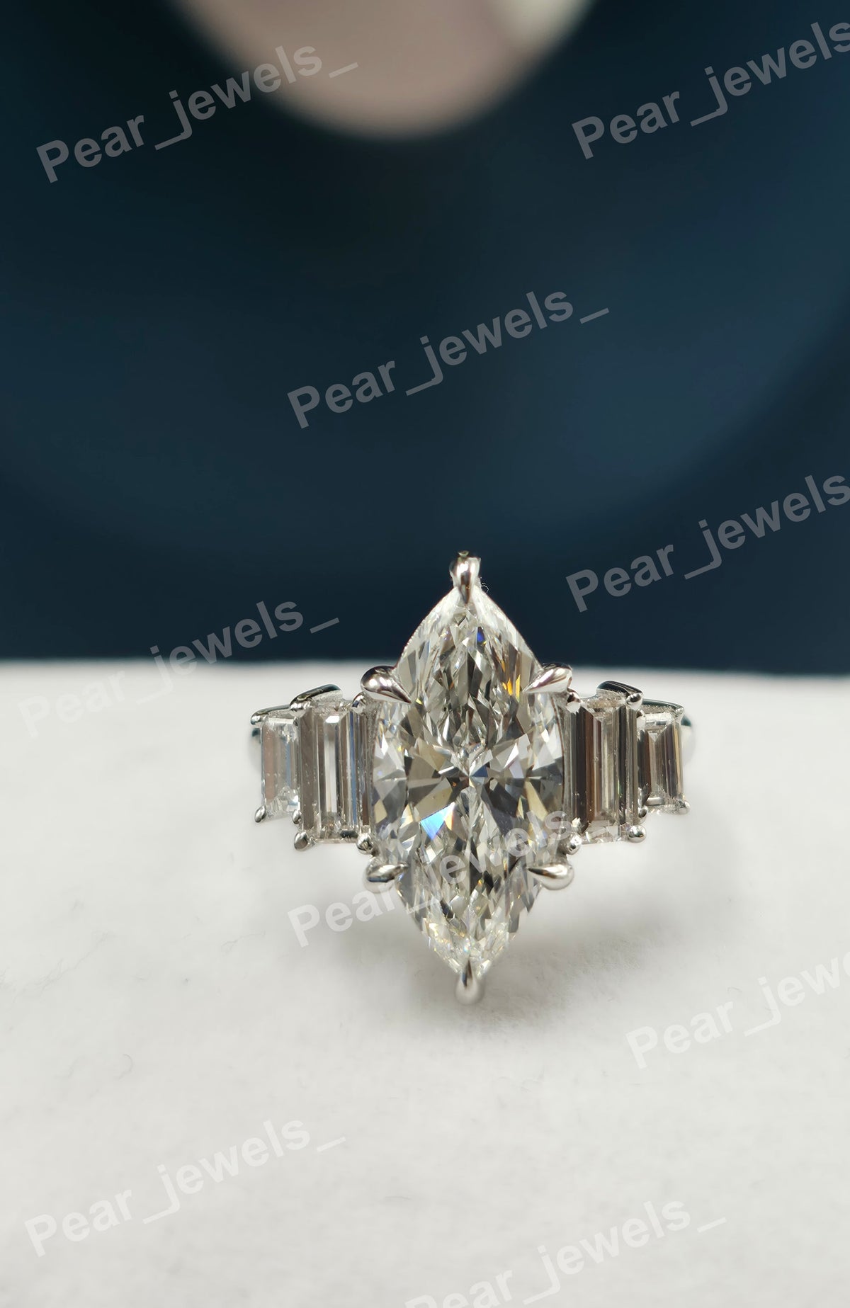 Marquise Cut & Side Baguette Cut Diamond Engagement Ring - VVS Moissanite