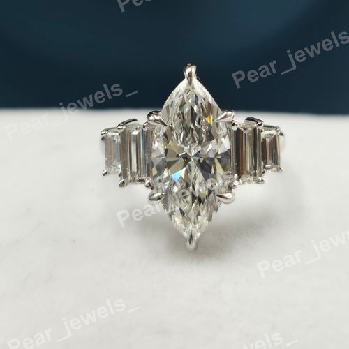 Marquise Cut & Side Baguette Cut Diamond Engagement Ring - VVS Moissanite