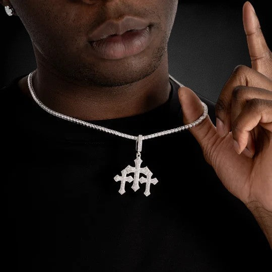925 Sterling Silver VVS Moissanite Diamonds Triple Cross Pendant