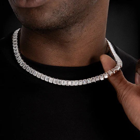 Emerald Cut Sterling Silver Moissanite Diamond Tennis Necklace