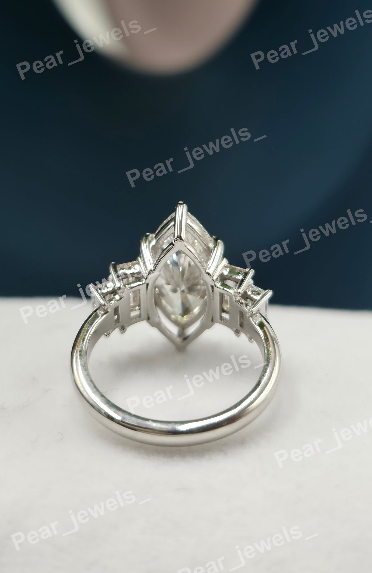 Marquise Cut & Side Baguette Cut Diamond Engagement Ring - VVS Moissanite