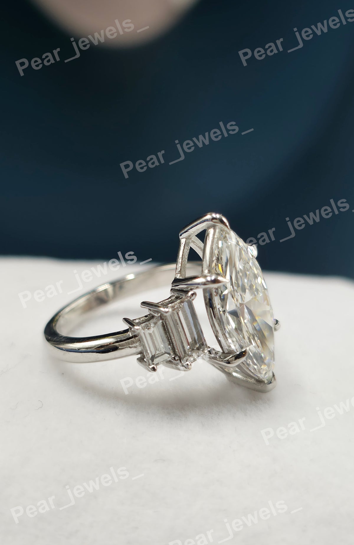 Marquise Cut & Side Baguette Cut Diamond Engagement Ring - VVS Moissanite