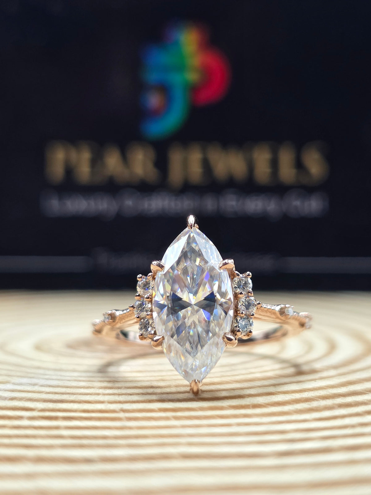 Unique Marquise Moissanite Engagement Ring Double Band Chevron Style Ring