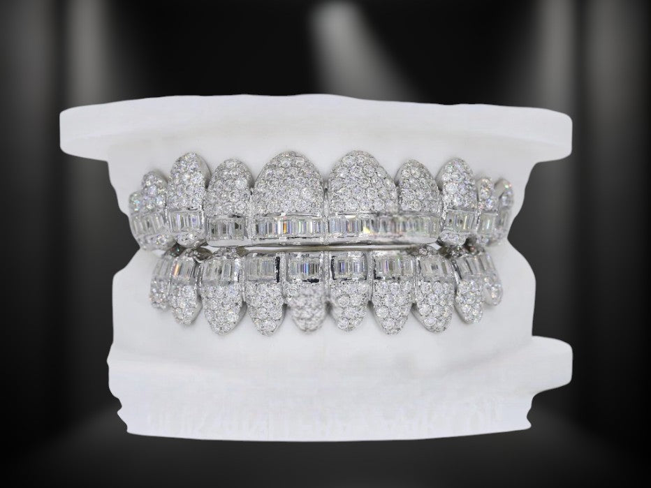 Iced Out Grillz Set Moissanite Diamond Look 925 Silver Teeth Jewelry