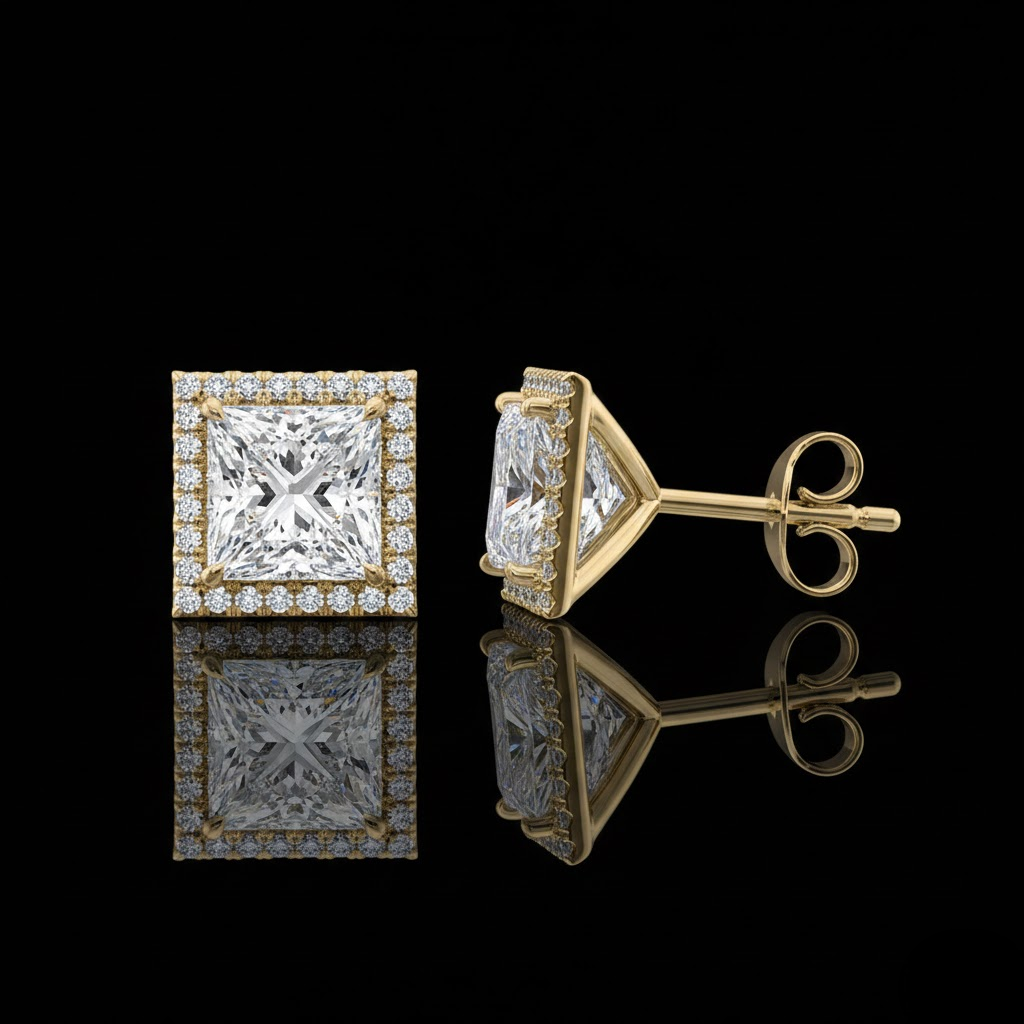 Princess Cut Halo Stud Earring Iced Out Premium