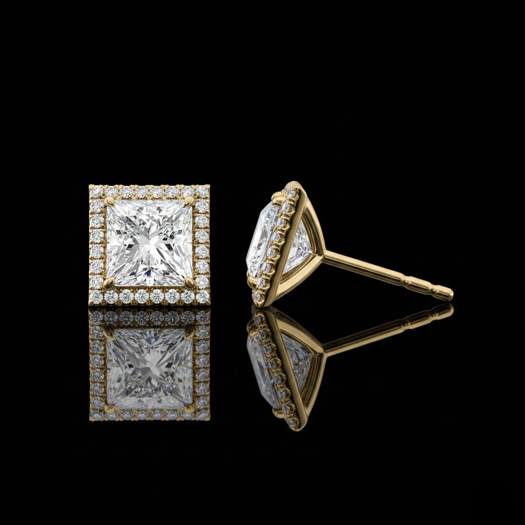 Princess Cut Halo Stud Earring Iced Out Premium