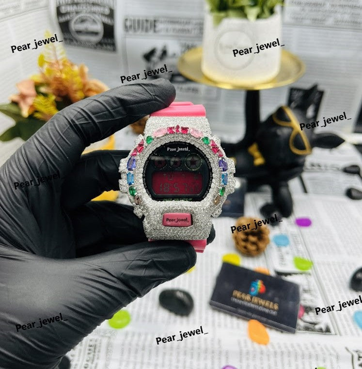 Iced Out Moissanite Diamond In Pink Rubber Band Luury Digital Wrist Watch