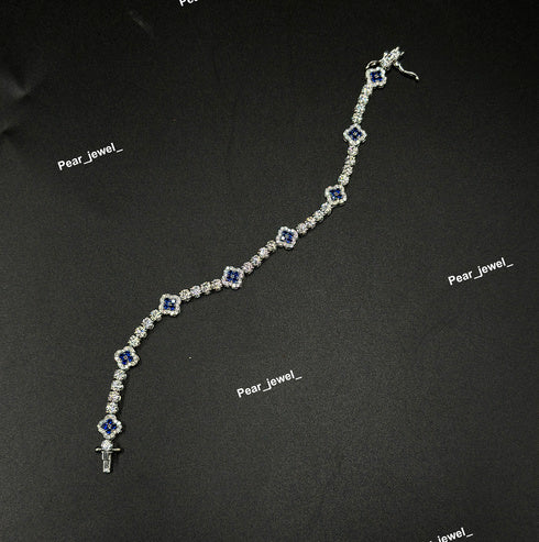 Dark Blue Accent Iced Out Clover Tennis Bracelet VVS Moissanite Dimaond Silver Shine