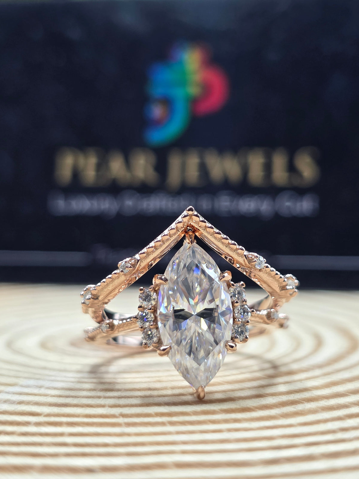 Unique Marquise Moissanite Engagement Ring Double Band Chevron Style Ring