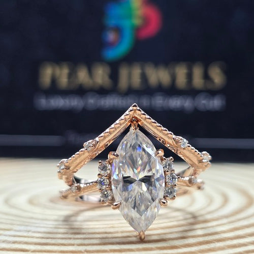 Unique Marquise Moissanite Engagement Ring Double Band Chevron Style Ring