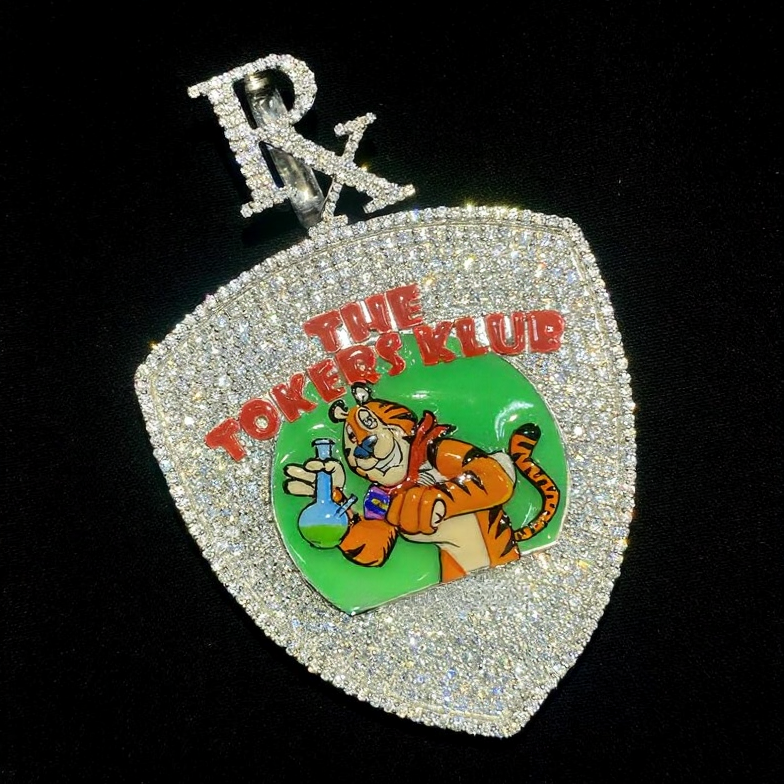 925 Silver Iced HipHop Moissanite Custom Tiger Design Night Glow Dark Spinner Pendant