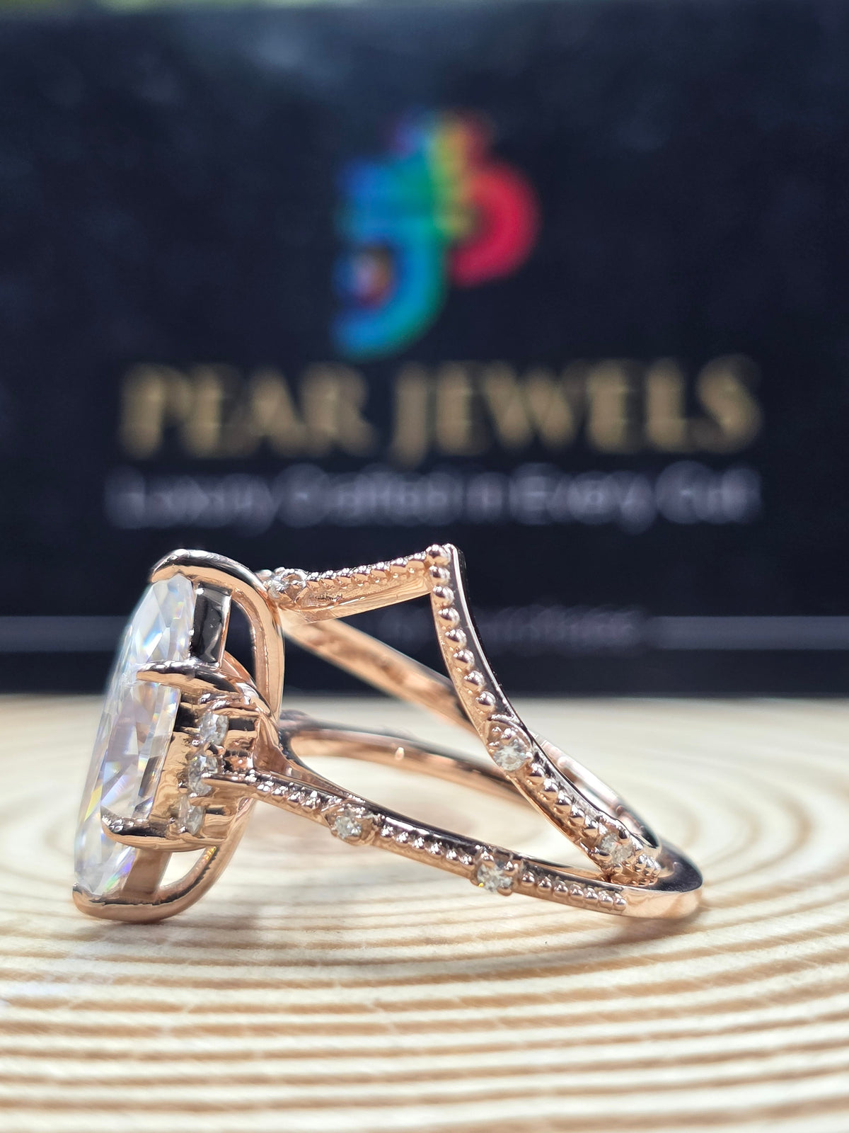 Unique Marquise Moissanite Engagement Ring Double Band Chevron Style Ring