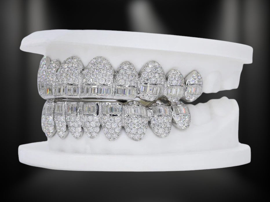 Iced Out Grillz Set Moissanite Diamond Look 925 Silver Teeth Jewelry