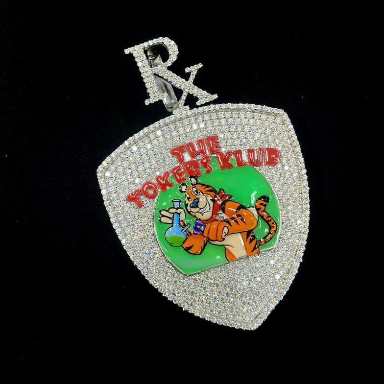 925 Silver Iced HipHop Moissanite Custom Tiger Design Night Glow Dark Spinner Pendant