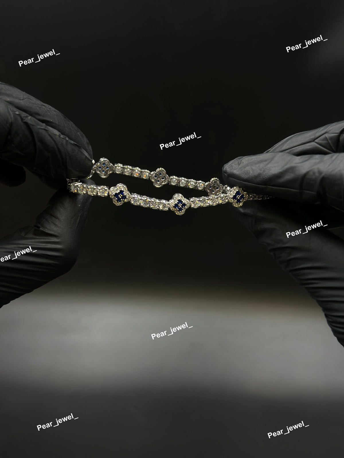 Dark Blue Accent Iced Out Clover Tennis Bracelet VVS Moissanite Dimaond Silver Shine
