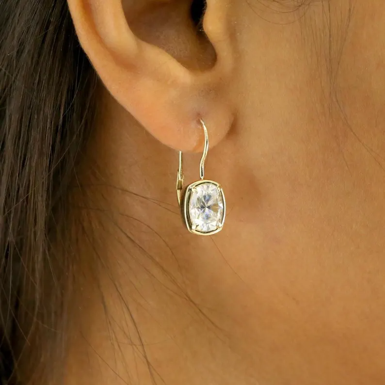 Elongated Cushion Moissanite Earrings with Lever Back Design
