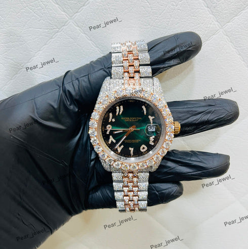 Iced Out Moissanite Diamond Hip Hop Luxury Green Dial Arabic Stainless Steel