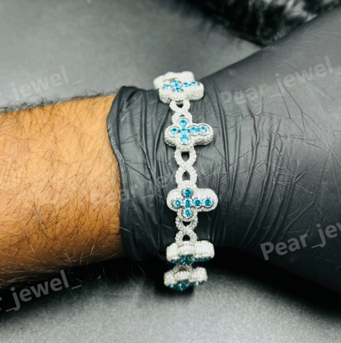 Iced Out Silver Cross Link Blue Moissanit Diamond Bracelet