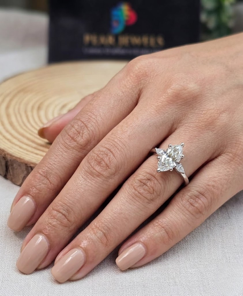 Three Stone 1.50 CT Marquise Cut Moissanite Diamond Engagement Ring In Silver