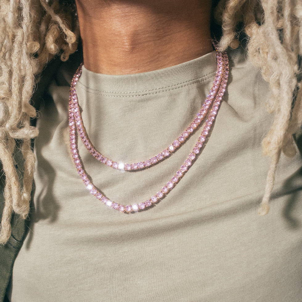 Iced Out VVS Pink Round Tennis Chain With 925 Silver