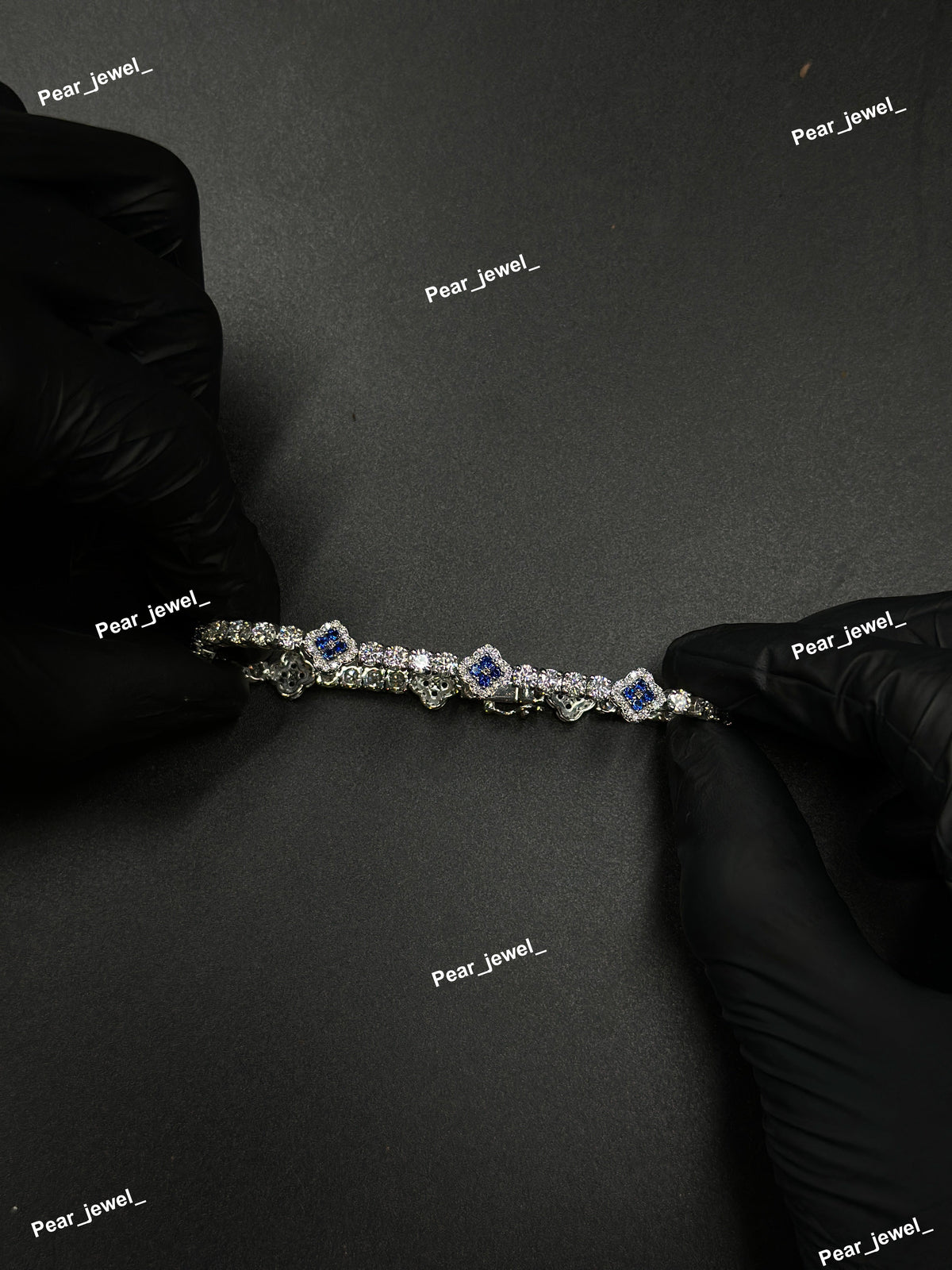Dark Blue Accent Iced Out Clover Tennis Bracelet VVS Moissanite Dimaond Silver Shine