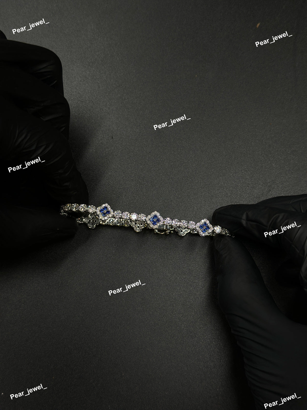 Dark Blue Accent Iced Out Clover Tennis Bracelet VVS Moissanite Dimaond Silver Shine