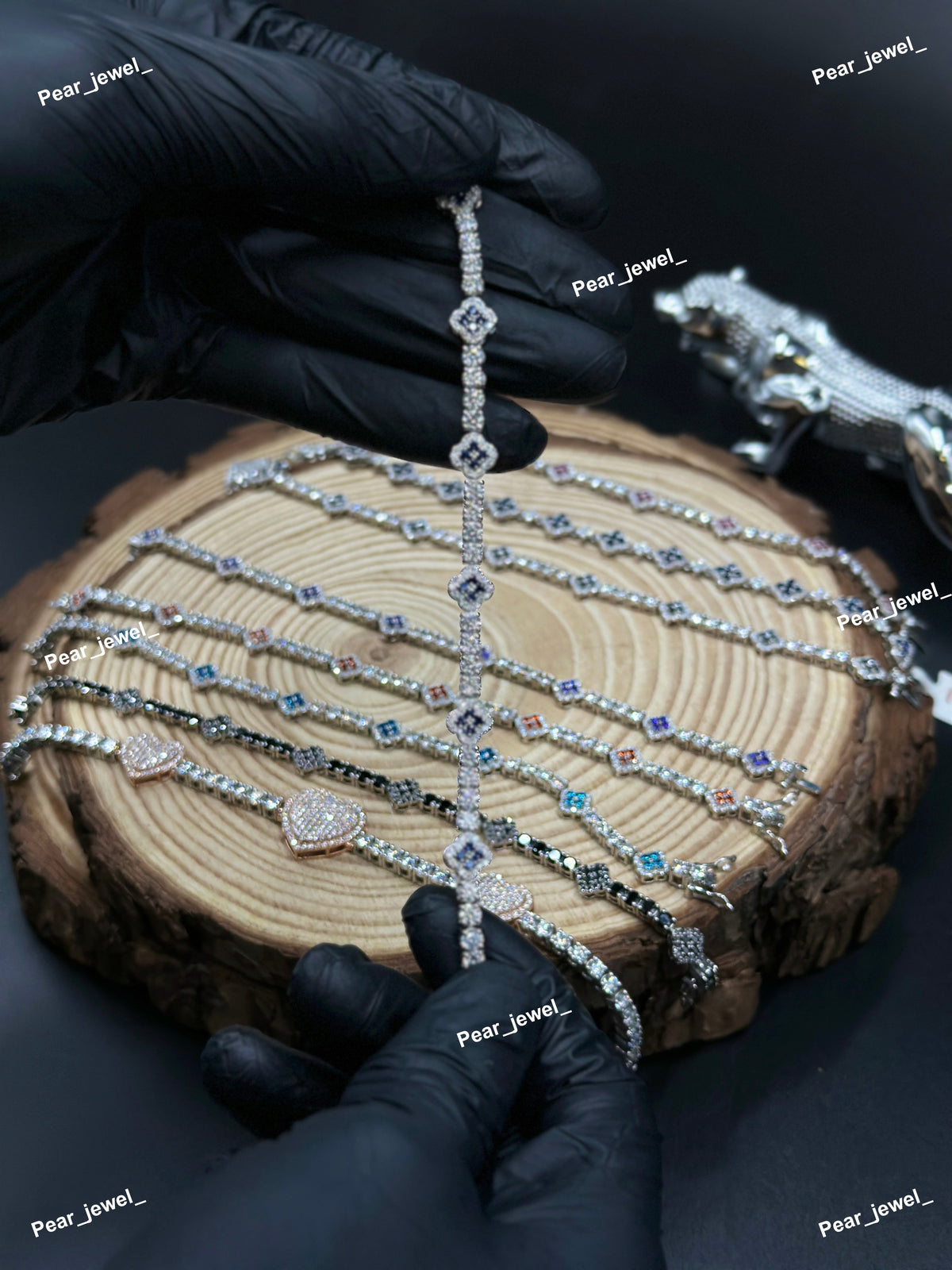 Dark Blue Accent Iced Out Clover Tennis Bracelet VVS Moissanite Dimaond Silver Shine
